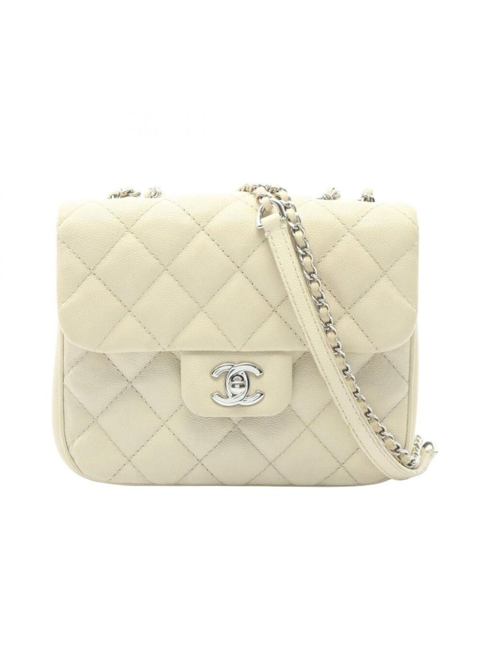 Chanel Shoulder Bag Quilted Small Flap Ivory Caviar Leather Chain